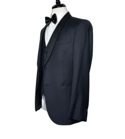 Corneliani Mens Black Textured Fully-Canvassed Shawl Lapel Classic Fit 3-Piece Wool Tuxedo - 40R