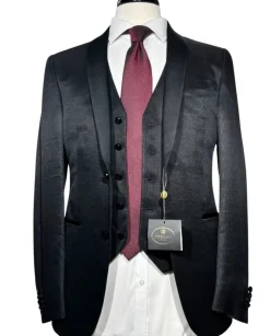 Corneliani Mens Black Textured Fully-Canvassed Shawl Lapel Classic Fit 3-Piece Tuxedo Suit - 36S