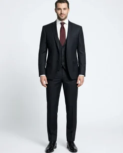 Corneliani Mens Black Textured Fully-Canvassed Shawl Lapel Slim Fit 3-Piece Wool Suit - 40R