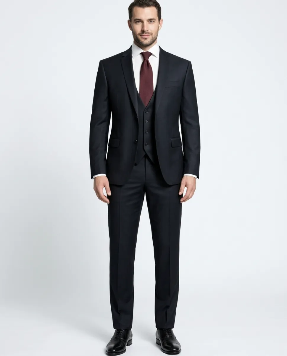 Corneliani Mens Black Textured Fully-Canvassed Shawl Lapel Slim Fit 3-Piece Wool Suit - 40R