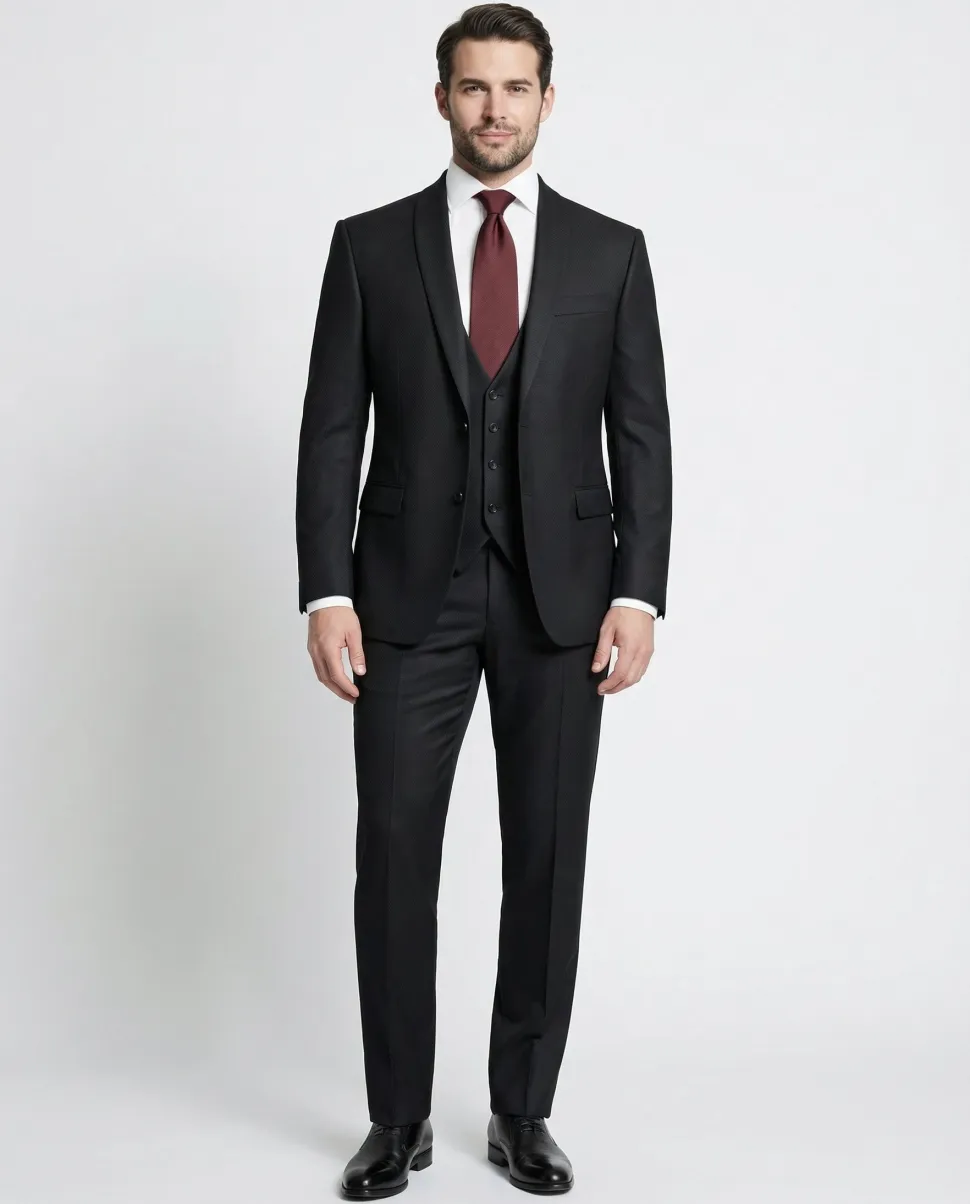 Corneliani Mens Black Textured Fully-Canvassed Shawl Lapel Classic Fit 3-Piece Wool Suit - 42R