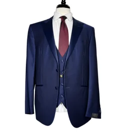 Corneliani Mens Blue Geometric Texture Fully-Canvassed Peak Lapel Slim Fit 3-Piece Wool Tuxedo - 44R