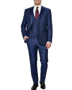Corneliani Mens Blue Geometric Texture Fully-Canvassed Peak Lapel Slim Fit 3-Piece Wool Tuxedo - 44R
