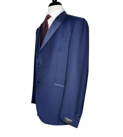 Corneliani Mens Blue Geometric Texture Fully-Canvassed Peak Lapel Slim Fit 3-Piece Wool Tuxedo - 44R