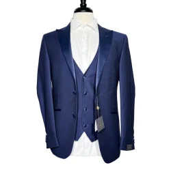 Corneliani Mens Blue Micro-Pattern Fully-Canvassed Peak Lapel Slim Fit 3-Piece Wool Tuxedo Suit - 38S