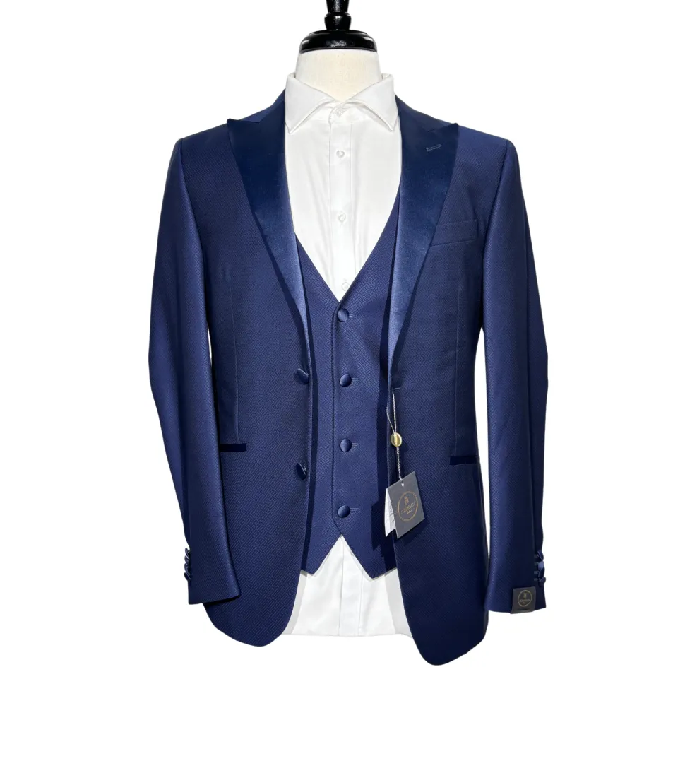 Corneliani Mens Blue Micro-Pattern Fully-Canvassed Peak Lapel Slim Fit 3-Piece Wool Tuxedo Suit - 38S