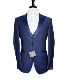 Corneliani Mens Blue Micro-Pattern Fully-Canvassed Peak Lapel Slim Fit 3-Piece Wool Tuxedo Suit - 38S