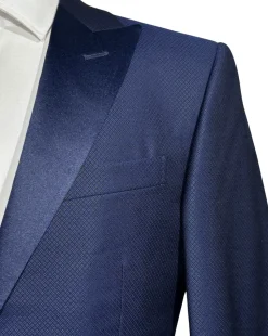 Corneliani Mens Blue Micro-Pattern Fully-Canvassed Peak Lapel Slim Fit 3-Piece Wool Tuxedo Suit - 38S
