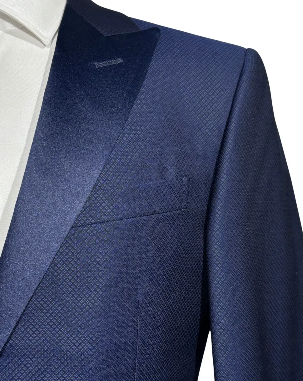 Corneliani Mens Blue Micro-Pattern Fully-Canvassed Peak Lapel Slim Fit 3-Piece Wool Tuxedo Suit - 38S