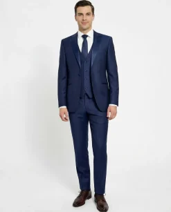 Corneliani Mens Blue Micro-Pattern Fully-Canvassed Peak Lapel Slim Fit 3-Piece Wool Tuxedo Suit - 38S