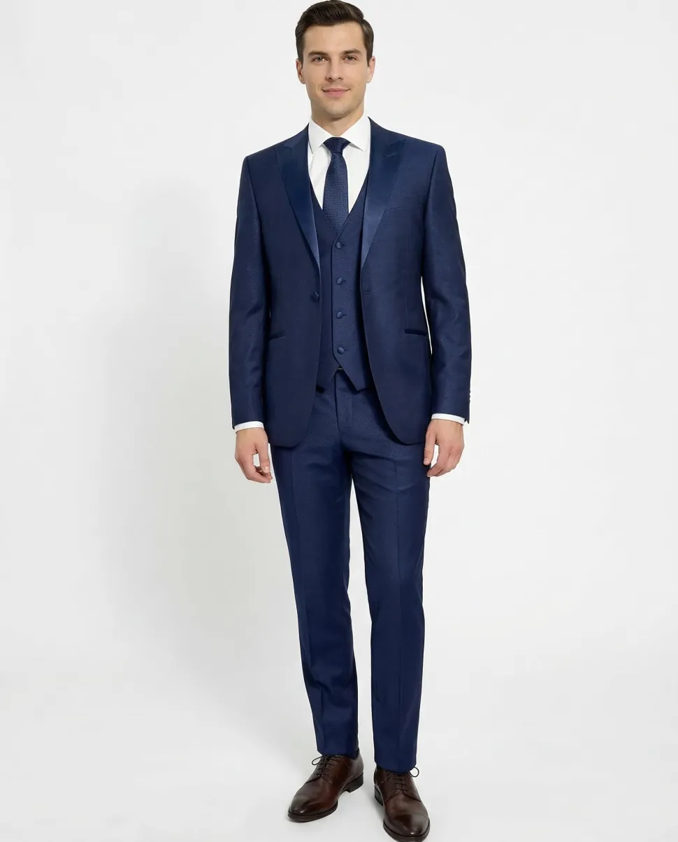 Corneliani Mens Blue Micro-Pattern Fully-Canvassed Peak Lapel Slim Fit 3-Piece Wool Tuxedo Suit - 38S
