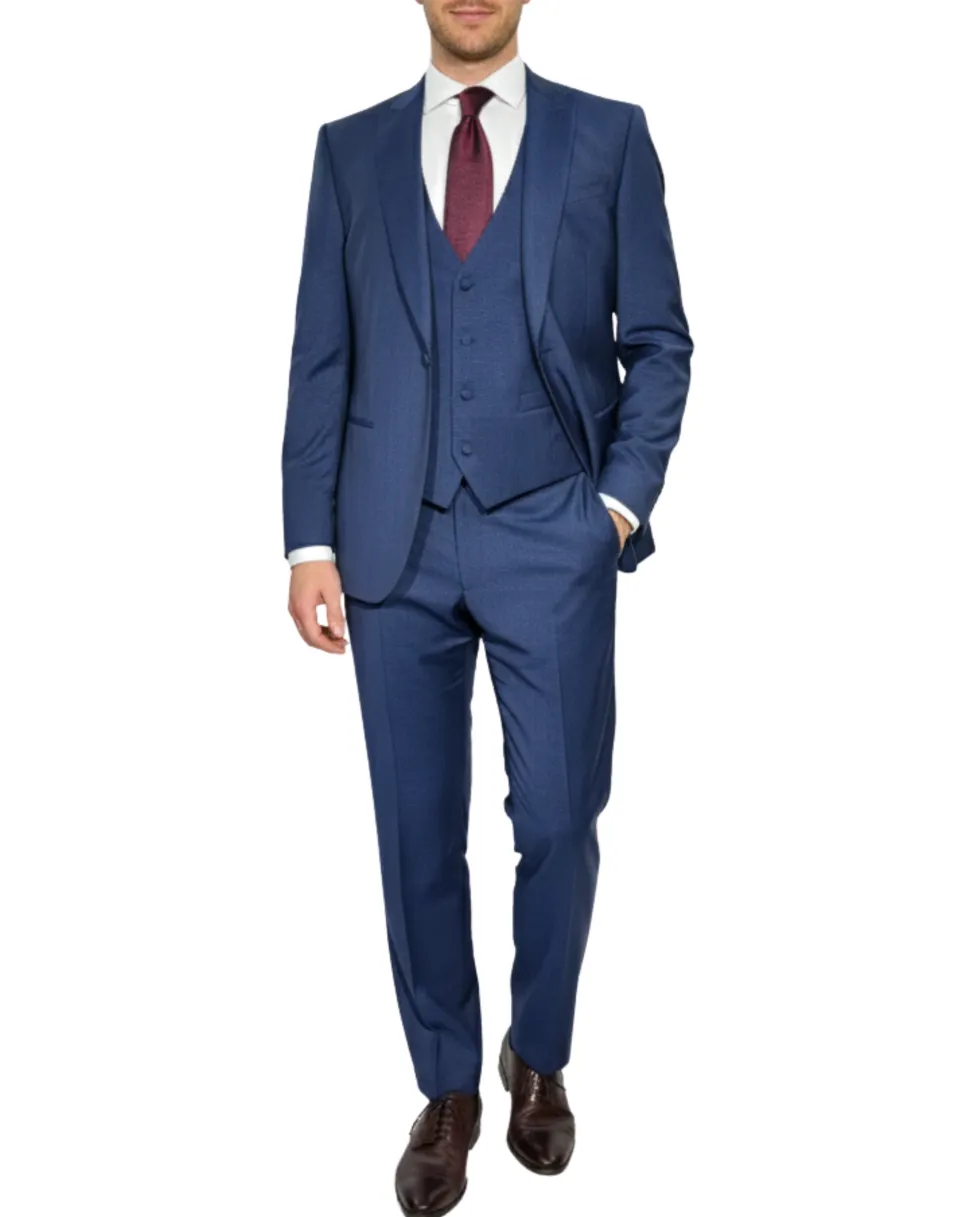 Corneliani Mens Blue Micro-Pattern Fully-Canvassed Peak Lapel Classic Fit 3-Piece Stretch Wool Suit - 42R