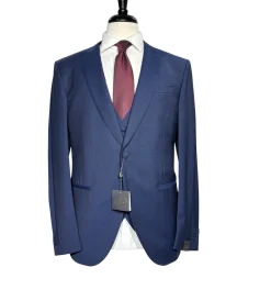 Corneliani Mens Blue Micro-Pattern Fully-Canvassed Peak Lapel Classic Fit 3-Piece Stretch Wool Suit - 42R