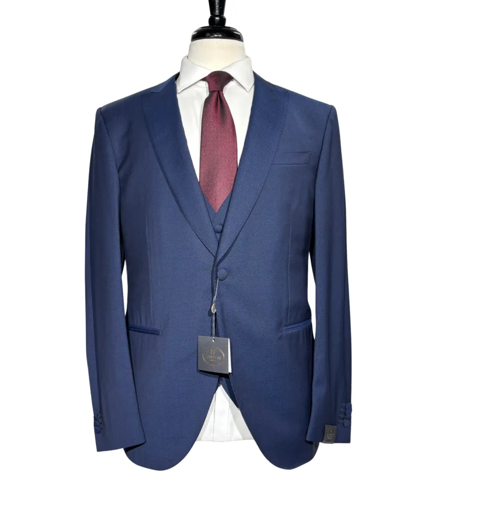Corneliani Mens Blue Micro-Pattern Fully-Canvassed Peak Lapel Classic Fit 3-Piece Stretch Wool Suit - 42R