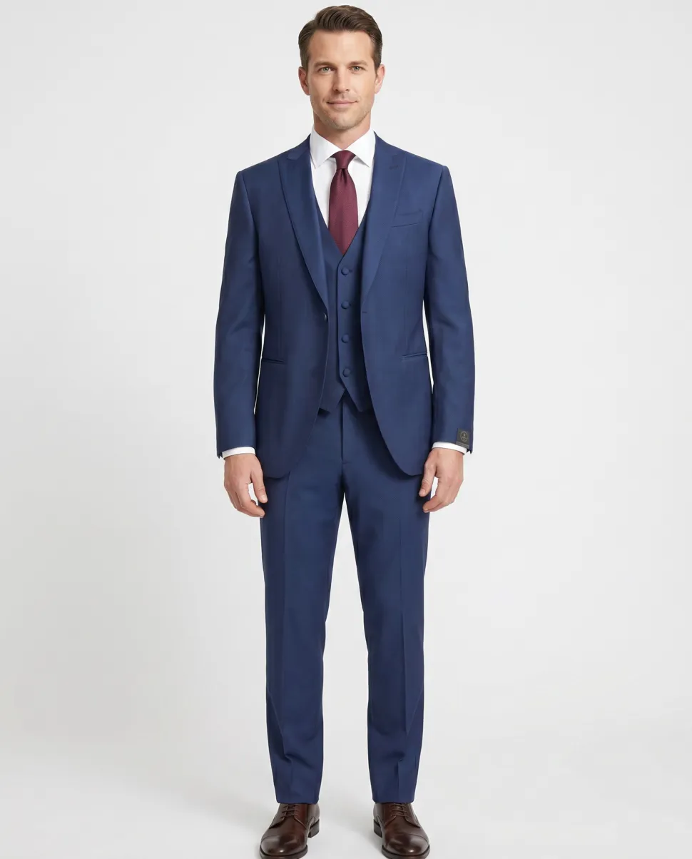 Corneliani Mens Blue Micro-Pattern Fully-Canvassed Peak Lapel Classic Fit 3-Piece Stretch Wool Suit - 42R