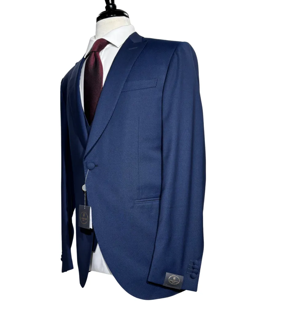 Corneliani Mens Blue Micro-Pattern Fully-Canvassed Peak Lapel Classic Fit 3-Piece Stretch Wool Suit - 42R