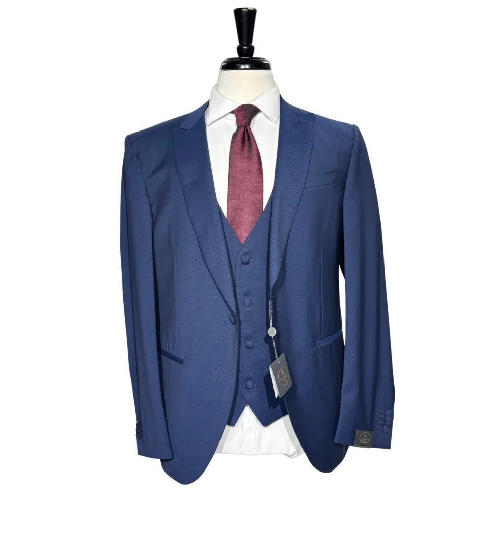 Corneliani Mens Blue Micro-Pattern Fully-Canvassed Peak Lapel Classic Fit 3-Piece Stretch Wool Suit - 42R