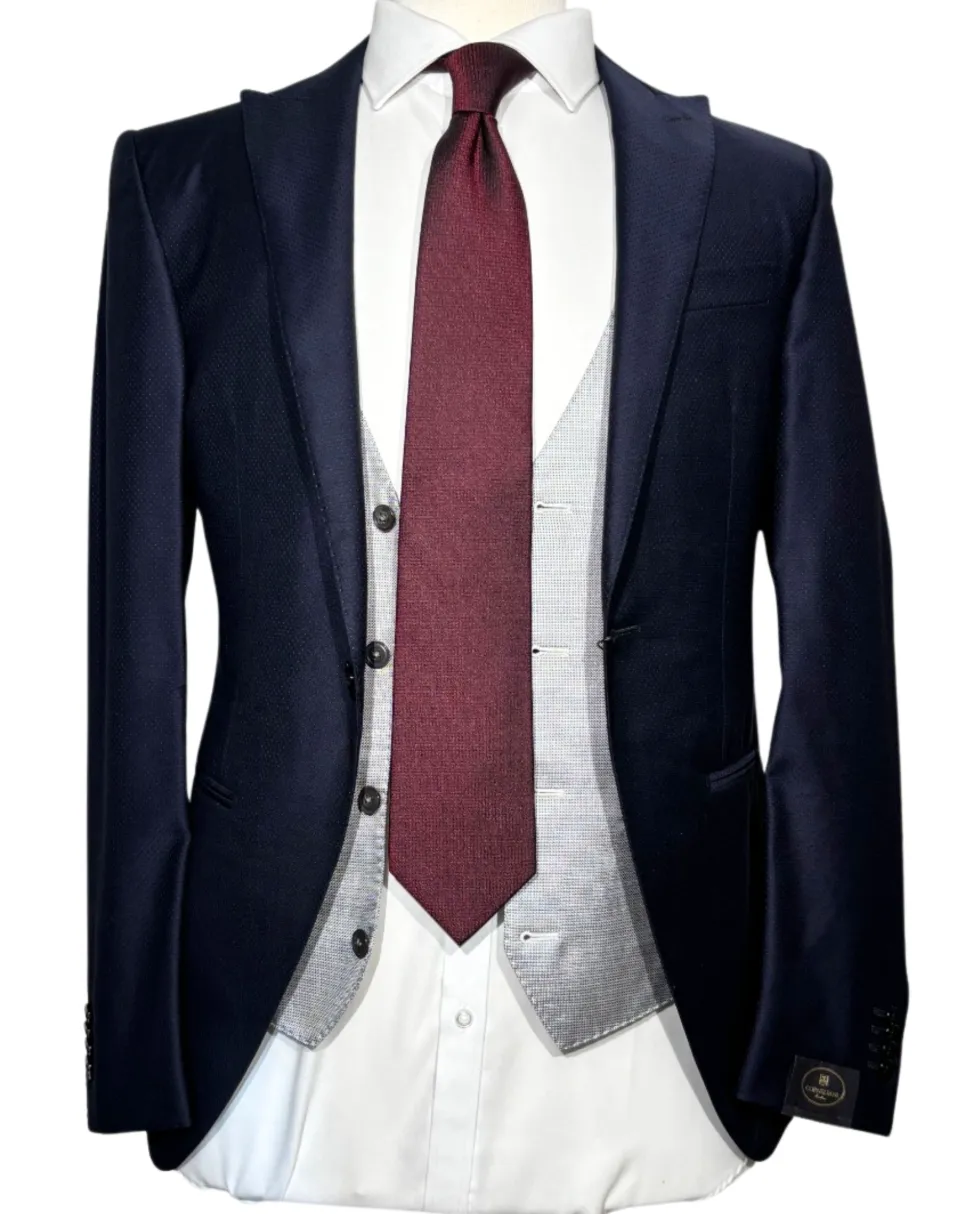 Corneliani Mens Blue Mixed Pattern Fully-Canvassed Peak Lapel Classic Fit 3-Piece Wool Suit - 36R