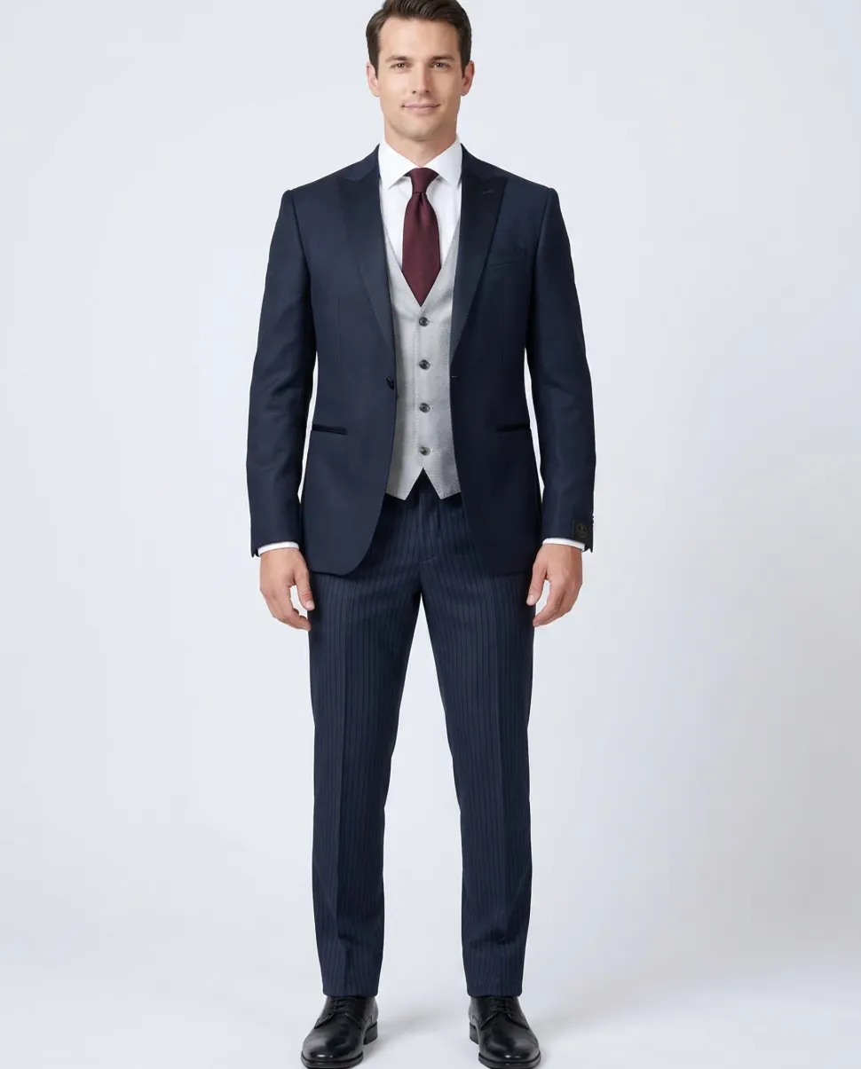 Corneliani Mens Blue Mixed Pattern Fully-Canvassed Peak Lapel Classic Fit 3-Piece Wool Suit - 36R