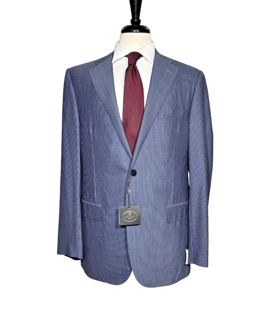 Corneliani Mens Blue Pinstripe Fully-Canvassed Notch Lapels Slim Fit 2 Button Wool Suit - 42L