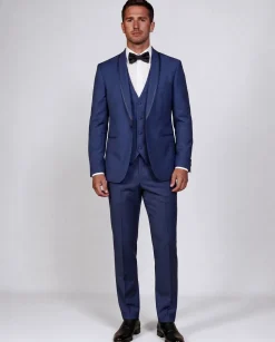 Corneliani Mens Blue With Black Trim Fully-Canvassed Shawl Lapel Slim Fit 3-Piece Wool Mohair Tuxedo - 44R