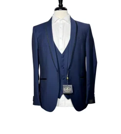 Corneliani Mens Blue With Black Trim Fully-Canvassed Shawl Lapel Classic Fit 3-Piece Wool Mohair Tuxedo Suit - 36S