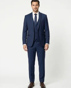 Corneliani Mens Blue With Black Trim Fully-Canvassed Shawl Lapel Classic Fit 3-Piece Wool Mohair Tuxedo Suit - 36S