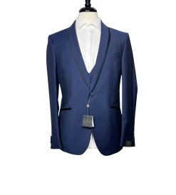 Corneliani Mens Blue With Black Trim Fully-Canvassed Shawl Lapel Classic Fit 3-Piece Wool Mohair Tuxedo Suit - 36S