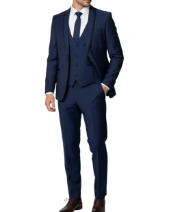 Corneliani Mens Blue With Black Trim Fully-Canvassed Shawl Lapel Slim Fit 3-Piece Wool Blend Tuxedo Suit - 42S