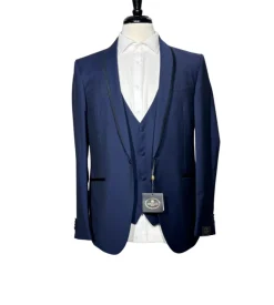 Corneliani Mens Blue With Black Trim Fully-Canvassed Shawl Lapel Slim Fit 3-Piece Wool Blend Tuxedo Suit - 42S