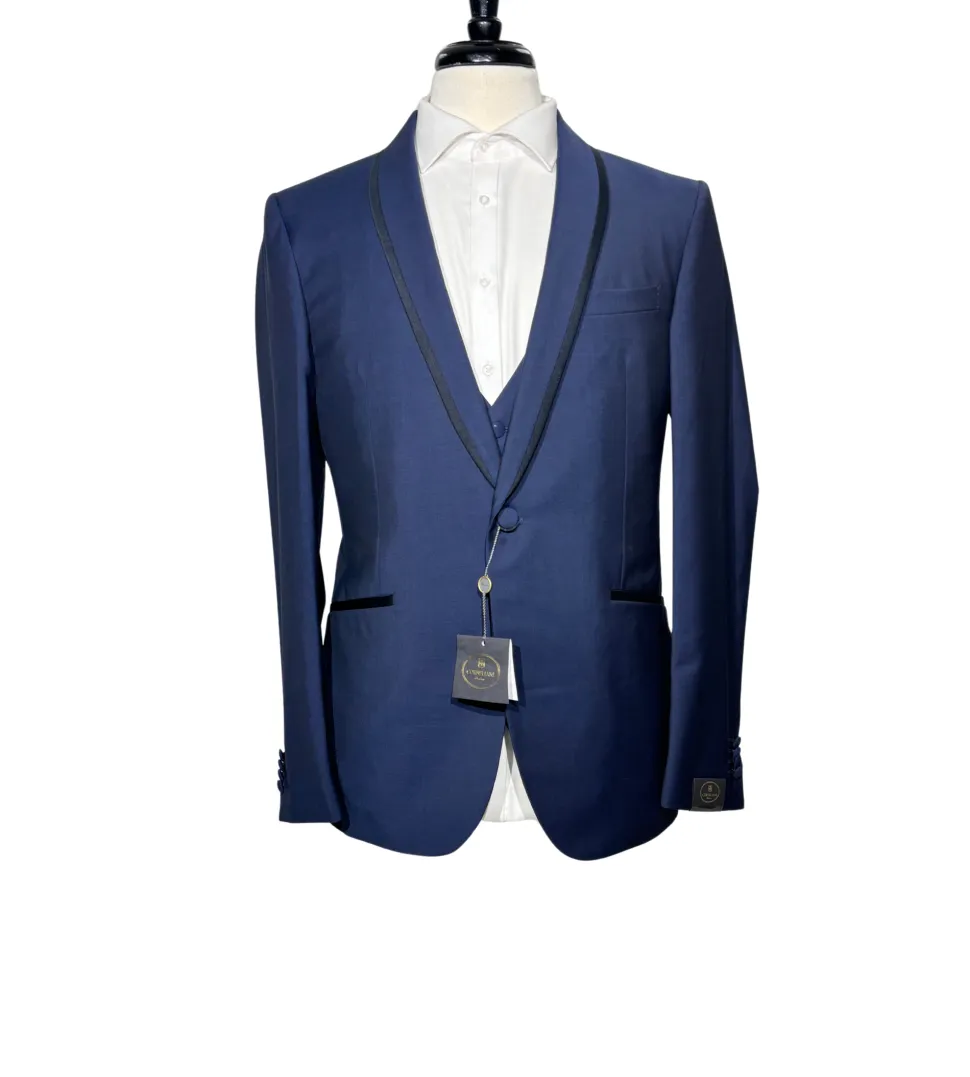 Corneliani Mens Blue With Black Trim Fully-Canvassed Shawl Lapel Slim Fit 3-Piece Wool Blend Tuxedo Suit - 42S