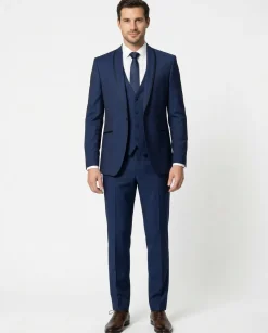 Corneliani Mens Blue With Black Trim Fully-Canvassed Shawl Lapel Slim Fit 3-Piece Wool Blend Tuxedo Suit - 42S