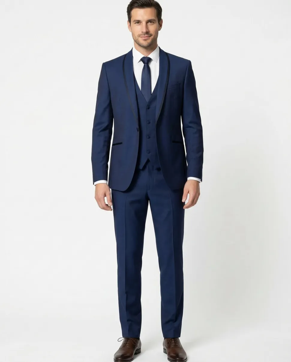 Corneliani Mens Blue With Black Trim Fully-Canvassed Shawl Lapel Slim Fit 3-Piece Wool Blend Tuxedo Suit - 42S