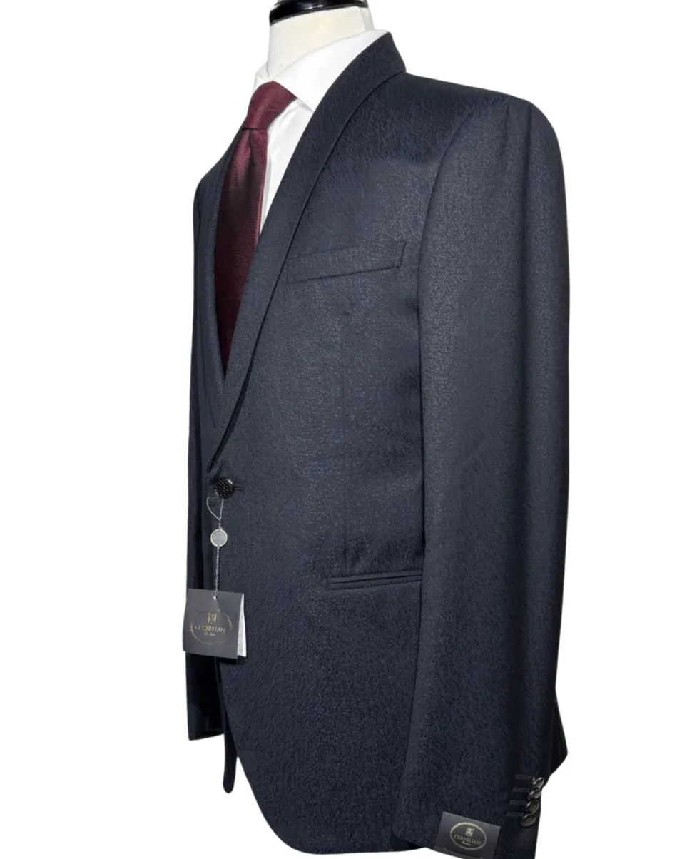 Corneliani Mens Dark Navy Blue Textured Fully-Canvassed Shawl Lapel Slim Fit 3-Piece Wool Tuxedo Suit - 42R