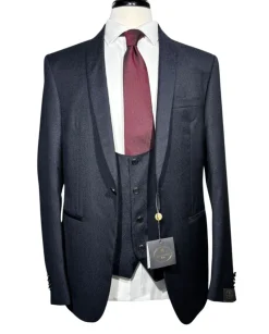 Corneliani Mens Dark Navy Blue Textured Fully-Canvassed Shawl Lapel Slim Fit 3-Piece Wool Tuxedo Suit - 42R