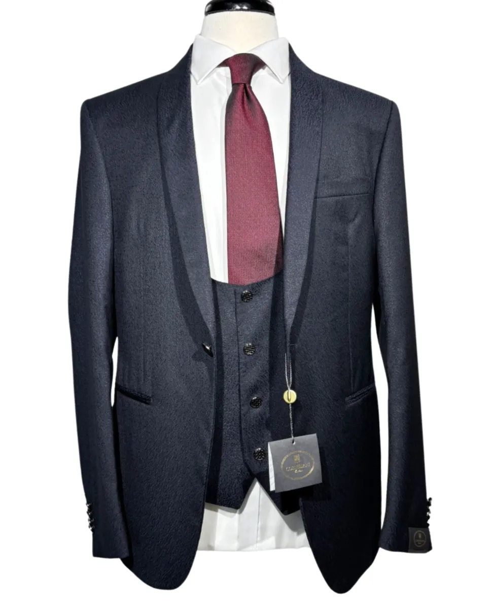 Corneliani Mens Dark Navy Blue Textured Fully-Canvassed Shawl Lapel Slim Fit 3-Piece Wool Tuxedo Suit - 42R