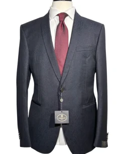 Corneliani Mens Dark Navy Blue Textured Fully-Canvassed Shawl Lapel Slim Fit 3-Piece Wool Tuxedo Suit - 42R