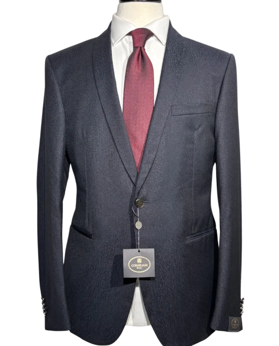 Corneliani Mens Dark Navy Blue Textured Fully-Canvassed Shawl Lapel Slim Fit 3-Piece Wool Tuxedo Suit - 42R