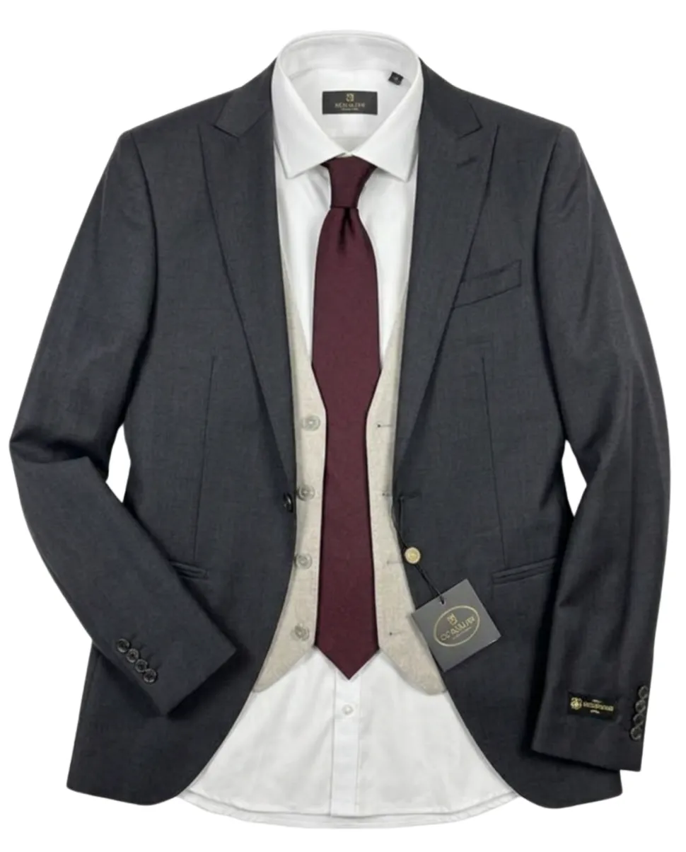 Corneliani Mens Gray and White Mixed Pattern Fully-Canvassed Peak Lapel Classic Fit 3-Piece Wool Suit - 36S
