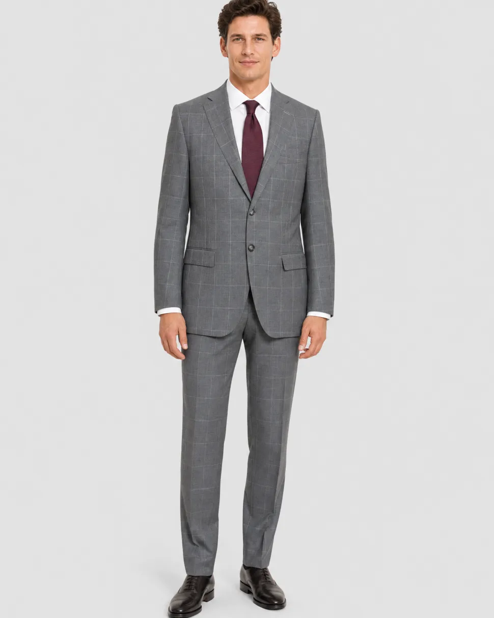 Corneliani Mens Gray Windowpane Fully-Canvassed Notch Lapels Classic Fit 2 Button Wool Suit - 40R