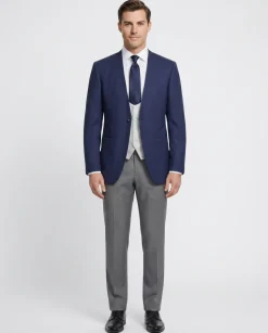 Corneliani Mens Navy Blue and Silver Mixed Pattern Fully-Canvassed No-Lapel Slim Fit 3-Piece Wool Suit - 38L