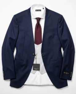 Corneliani Mens Navy Blue and Silver Mixed Pattern Fully-Canvassed No-Lapel Slim Fit 3-Piece Wool Suit - 38L