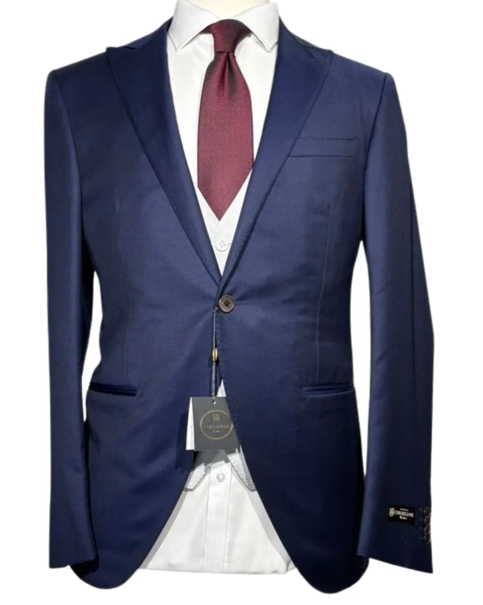 Corneliani Mens Navy Blue and Silver Mixed Pattern Fully-Canvassed Peak Lapel Classic Fit 3-Piece Wool Suit - 40R