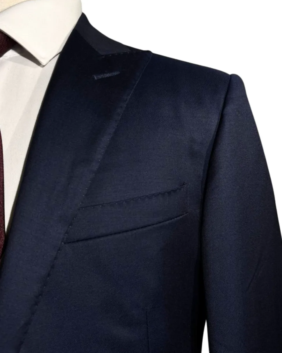Corneliani Mens Navy Blue and Silver Mixed Pattern Fully-Canvassed Peak Lapel Classic Fit 3-Piece Wool Suit - 40R