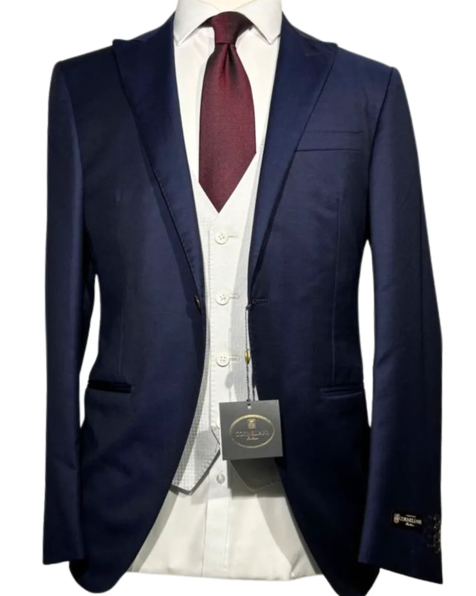 Corneliani Mens Navy Blue and Silver Mixed Pattern Fully-Canvassed Peak Lapel Classic Fit 3-Piece Wool Suit - 40R