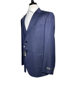 Corneliani Mens Navy Textured Fully-Canvassed Peak Lapel Slim Fit 3-Piece Wool Suit - 46L