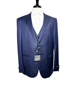 Corneliani Mens Navy Textured Fully-Canvassed Peak Lapel Slim Fit 3-Piece Wool Suit - 46L