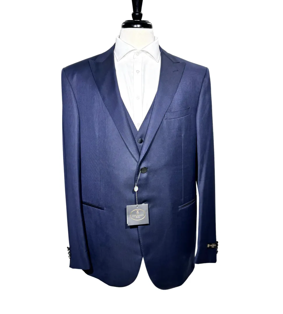 Corneliani Mens Navy Textured Fully-Canvassed Peak Lapel Slim Fit 3-Piece Wool Suit - 46L