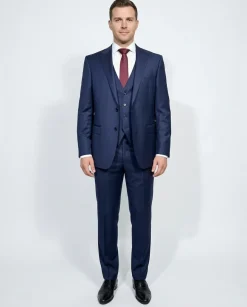 Corneliani Mens Navy Textured Fully-Canvassed Peak Lapel Slim Fit 3-Piece Wool Suit - 46L