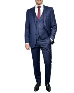 Corneliani Mens Navy Textured Fully-Canvassed Peak Lapel Slim Fit 3-Piece Wool Suit - 46L